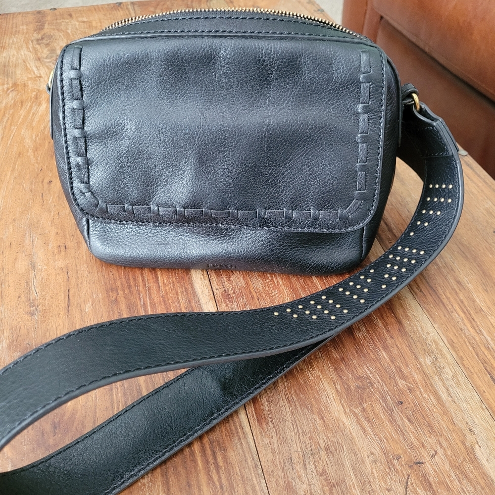 Fossil Leather Crossbody Bag Mini Black Rivet Whipstitch Casual Cowgirl Western